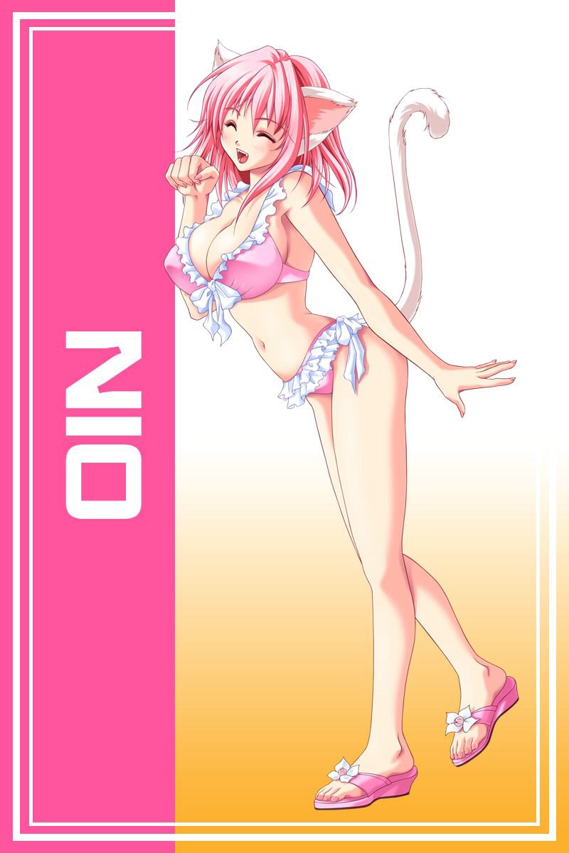 animal_ears aozora_nio bikini breasts cat_ears cat_tail cleavage eyes_closed feet game_cg gradient gradient_background happy highres large_breasts mome!_chichi_shimai_katei_kyoushi_11nin mome!_chichi_shimai_katekyoushi navel ole-m open_mouth pink_hair sandals smile solo standing swimsuit tail toes