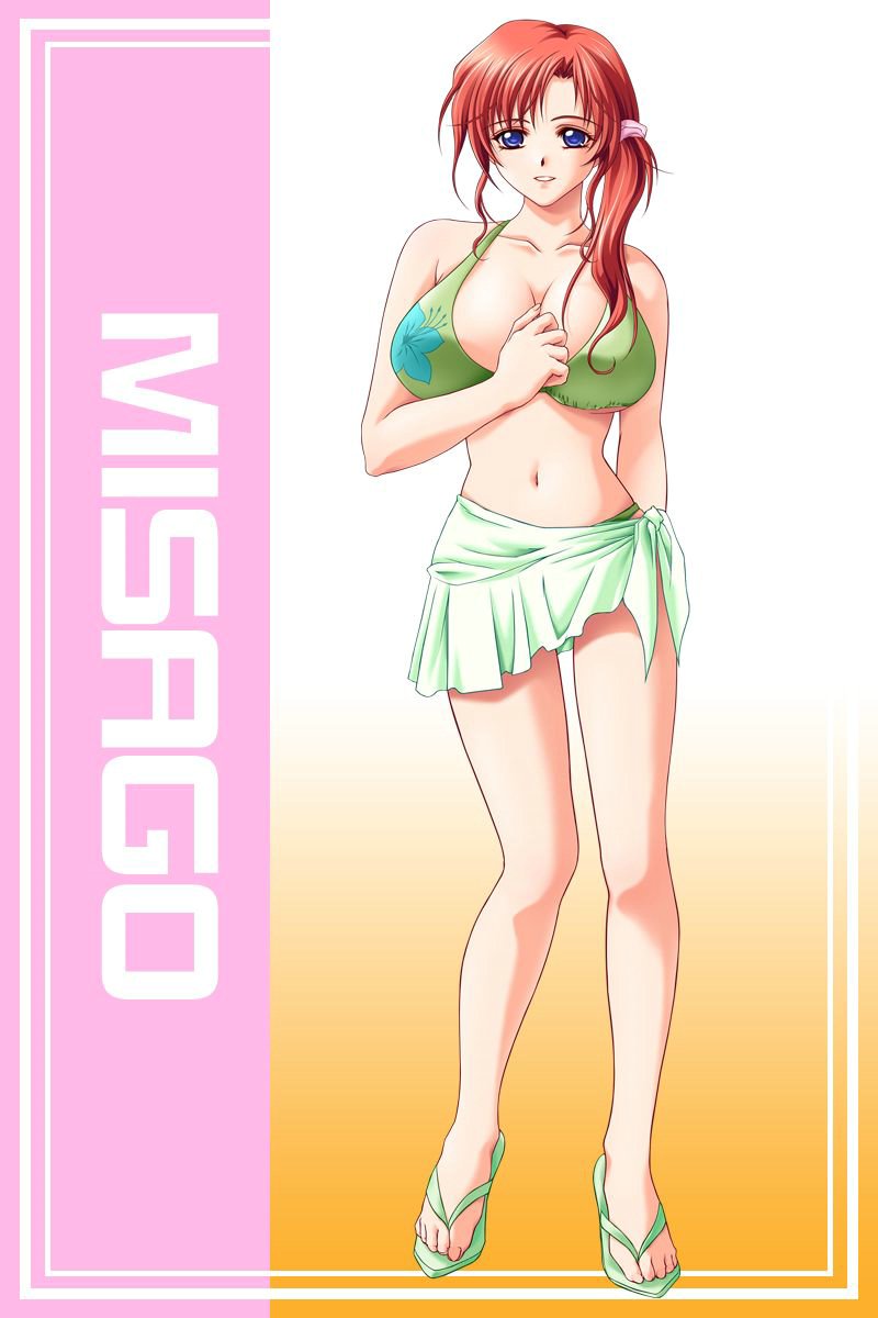 aozora_misago bare_shoulders bikini blue_eyes breasts cleavage feet game_cg gradient gradient_background highres large_breasts looking_at_viewer mome!_chichi_shimai_katei_kyoushi_11nin mome!_chichi_shimai_katekyoushi navel ole-m red_hair sandals side_ponytail smile solo standing swimsuit toes