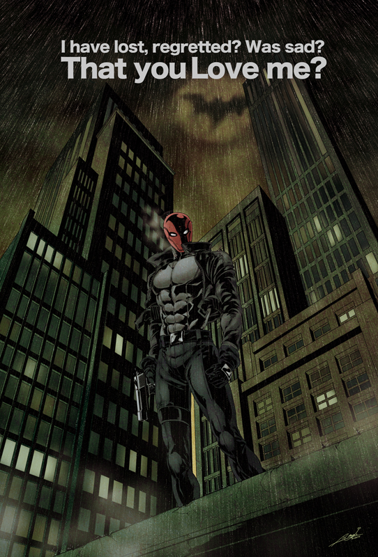 1boy bat_signal batman_(series) city dc_comics engrish gloves gun helmet jacket jason_todd male male_focus muscle p_(ilu) rain ranguage red_hood red_hood_(dc) solo standing weapon