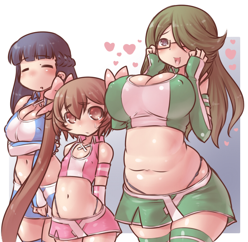 3girls black-framed_glasses blue_eyes blue_legwear blush bow braid breast_hold breasts brown_eyes brown_hair chousoku_henkei_gyrozetter cleavage darui_hito darui_nin_oo_gekijouban elbow_gloves erect_nipples eyes_closed fingerless_gloves frown glasses gloves green_hair green_legwear hair_bow hair_over_one_eye hands_on_face hands_on_own_face heart huge_breasts large_breasts long_hair mizuki_yuika multiple_girls navel open_mouth panties plump race_queen semi-rimless_glasses shoudou_kotoha simple_background skirt smile striped striped_legwear sweatdrop thighhighs thong tsukisato_kirari twintails under-rim_glasses underwear