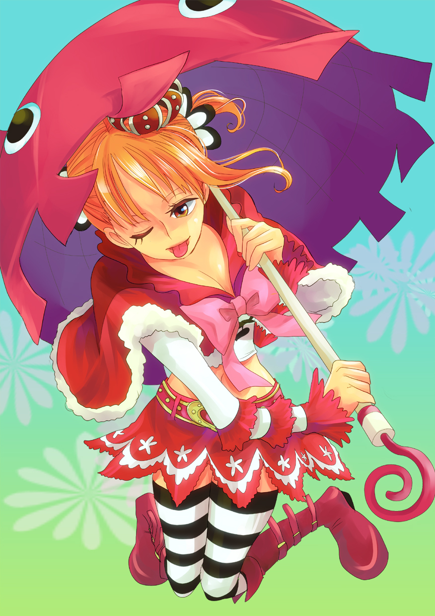 1girl boots bow crown female highres himerinco nami nami_(one_piece) one_piece orange_hair perona perona_(cosplay) red_shoes red_skirt shoes short_cape short_hair skirt solo striped striped_legwear tongue tongue_out twintails umbrella wink