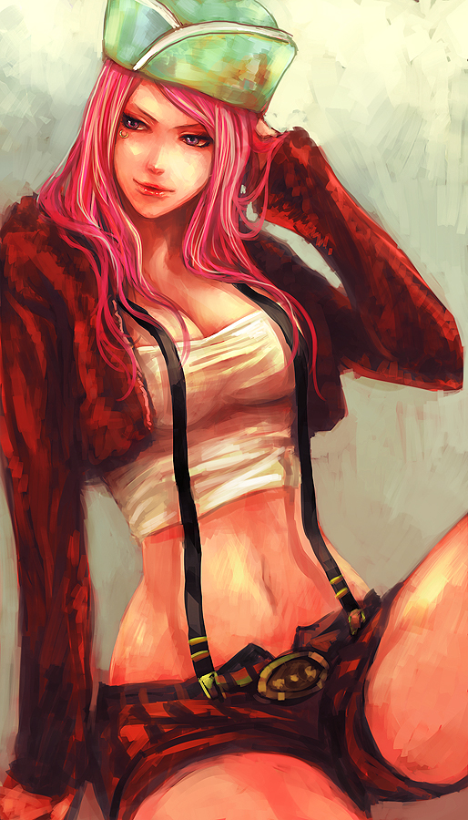 anti-eyebrow_piercing bad_id bad_pixiv_id breasts cleavage hand_in_hair hat jacket jewelry_bonney large_breasts lipstick long_hair long_sleeves makeup midriff navel one_piece open_clothes open_jacket piercing pink_hair purple_eyes short_shorts shorts sitting solo suspenders tsuyomaru