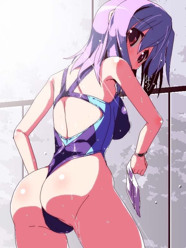 ass back_cutout bare_shoulders competition_swimsuit highleg highleg_swimsuit long_hair looking_back miuku_(marine_sapphire) one-piece_swimsuit one-piece_thong original purple_hair red_eyes solo swimsuit wet