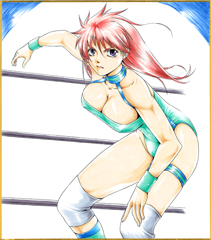 blue_leotard boots breasts cleavage large_breasts leotard lips long_hair mighty_yukiko pink_hair purple_eyes solo tomjpn wrestle_angels wrestle_angels_survivor wrestler wrestling_outfit wrestling_ring wristband