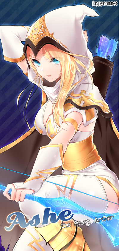 arrow artist_name ashe_(league_of_legends) blonde_hair blue_eyes boots bow_(weapon) breasts character_name cleavage hood joypyonn large_breasts league_of_legends long_hair quiver solo thighhighs weapon white_legwear