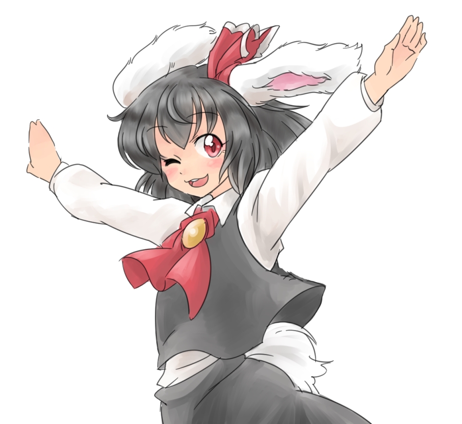 animal_ears bad_id bad_pixiv_id black_hair bow bunny_ears bunny_tail cosplay hair_bow hair_ribbon inaba_tewi long_sleeves mana_(tsurubeji) one_eye_closed outstretched_arms red_eyes ribbon rumia rumia_(cosplay) short_hair skirt solo tail touhou