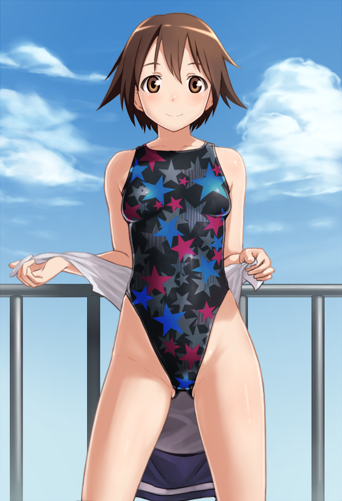ass_visible_through_thighs brown_eyes brown_hair competition_swimsuit cowboy_shot day highleg highleg_swimsuit miyafuji_yoshika one-piece_swimsuit print_swimsuit short_hair solo star star_print strike_witches swimsuit tkln undressing world_witches_series