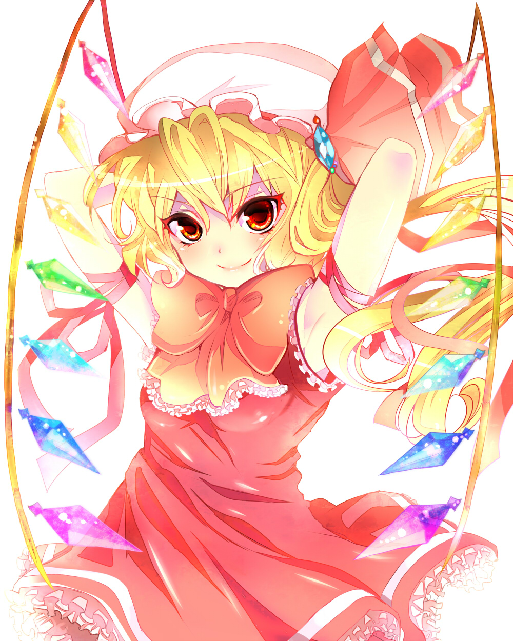 armpits arms_behind_head arms_up bad_id bad_pixiv_id blonde_hair flandre_scarlet hat highres honchu long_hair red_eyes side_ponytail sleeveless smile solo touhou wings