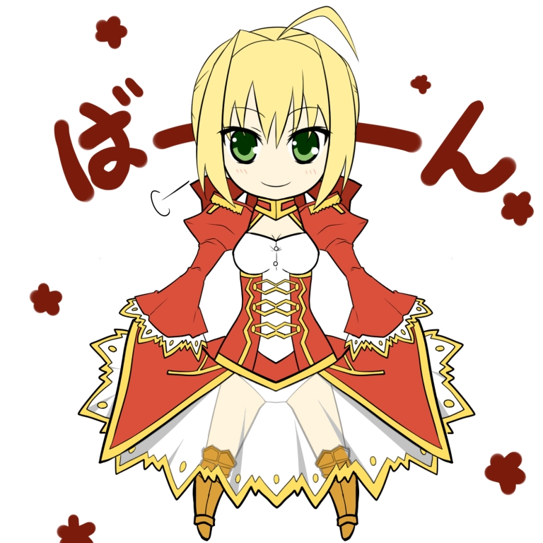 blonde_hair breasts chibi fate/extra fate_(series) green_eyes looking_at_viewer medium_breasts nero_claudius_(fate) nero_claudius_(fate)_(all) red-eyes_macadamiachoco short_hair simple_background smile solo white_background