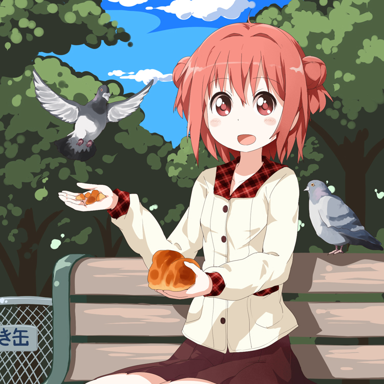 akaza_akari bird open_mouth pigeon ruu_(tksymkw) sitting skirt smile solo yuru_yuri