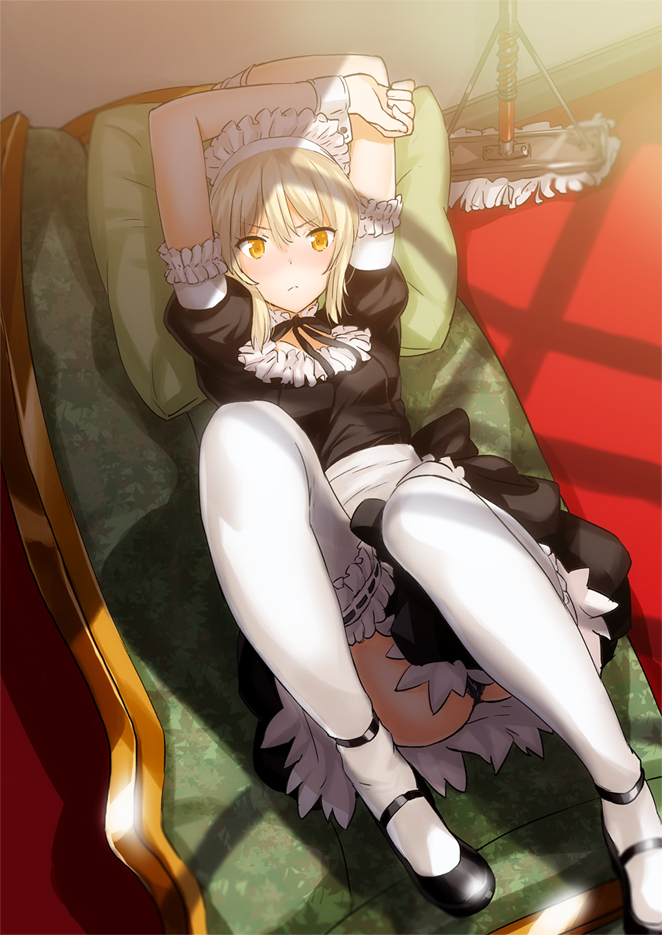 &gt;:( alternate_costume arms_up artoria_pendragon_(all) black_panties blonde_hair collar couch enmaided fate/stay_night fate_(series) frown gloves hat hat_ribbon looking_at_viewer lying maid mary_janes mop on_back panties pantyshot pantyshot_(lying) pillow ribbon saber_alter saitou_masatsugu shoes solo sunlight thighhighs underwear v-shaped_eyebrows white_gloves white_legwear wrist_cuffs yellow_eyes