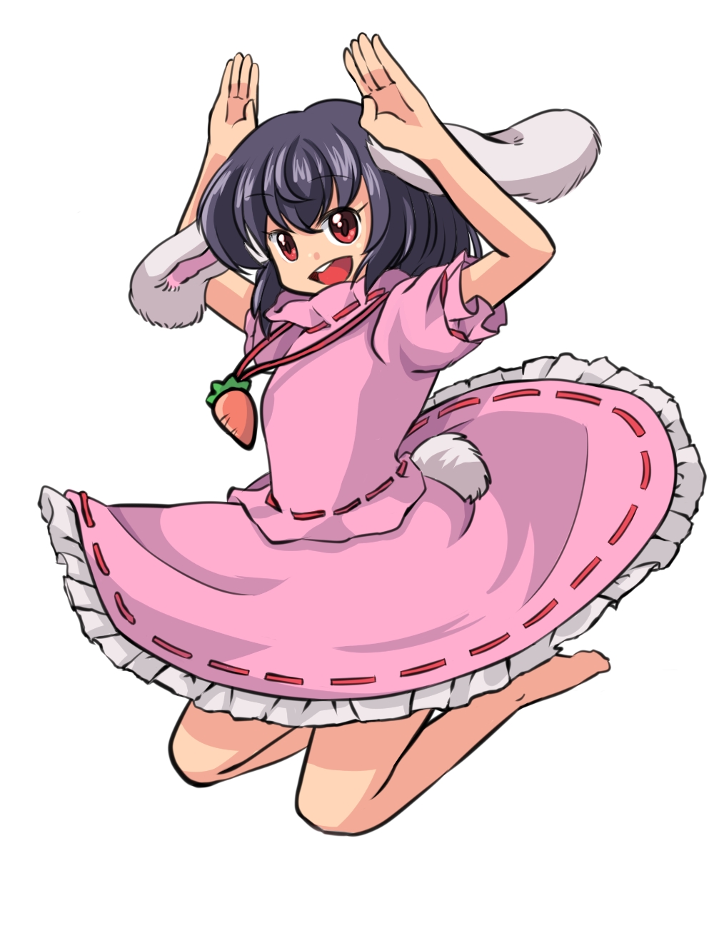 animal_ears bad_id bad_pixiv_id black_hair bunny_ears bunny_tail carrot carrot_necklace dress highres inaba_tewi jewelry mana_(tsurubeji) necklace open_mouth pendant red_eyes short_hair short_sleeves smile solo tail touhou