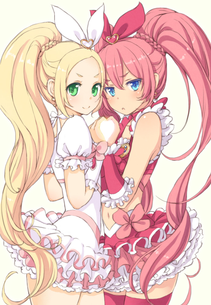 :o bare_shoulders blonde_hair blue_eyes blush bow cure_melody cure_rhythm dress green_eyes hair_ornament heart heart_hands heart_hands_duo houjou_hibiki looking_at_viewer minamino_kanade multiple_girls navel pink_bow pink_hair precure red_legwear side_ponytail smile suite_precure thighhighs tokunou_shoutarou twintails