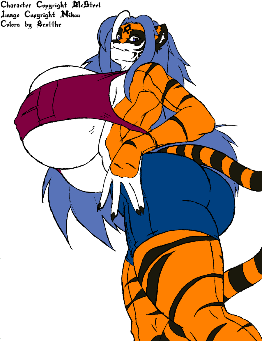 big_breasts big_butt blue_eyes blue_hair breasts butt clothed clothing feline female hair huge_breasts long_hair mammal plain_background pose side_boob skimpy solo tiger white_background wide_hips