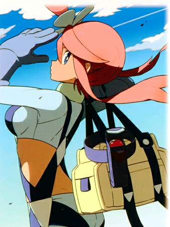 1girl artist_request bag breasts fuuro_(pokemon) gloves gym_leader large_breasts looking_back lowres midriff nintendo official_art pokemon pokemon_(game) pokemon_bw red_hair shorts