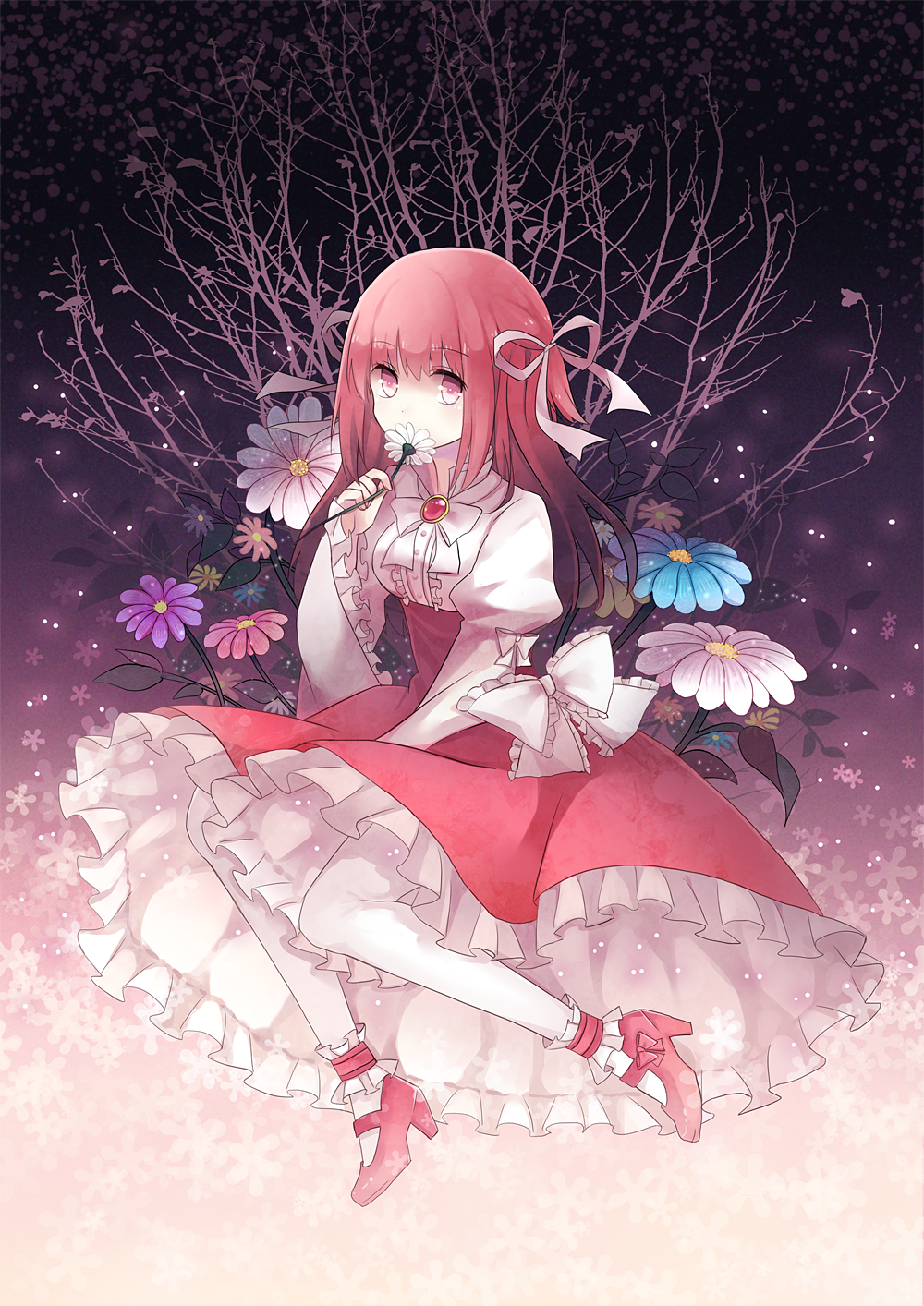 bad_id bad_pixiv_id covering_mouth cuivre dress flower hair_ribbon highres original pantyhose red_eyes ribbon shoes solo tree white_legwear