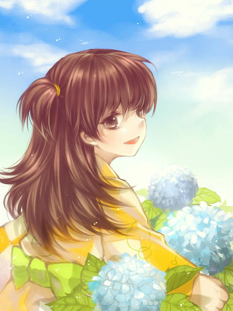 brown_eyes brown_hair child cloud day flower hydrangea inuyasha japanese_clothes kimono long_hair looking_at_viewer looking_back one_side_up rin_(inuyasha) sky smile solo twinklelinda90625 yellow_kimono yukata