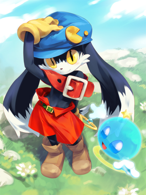 bad_id bad_pixiv_id belt boots flower gloves grass hat huepow kaze_no_klonoa klonoa mizuki_kotora no_humans pac-man pac-man_(game) shorts slit_pupils smile solo yellow_eyes yellow_gloves