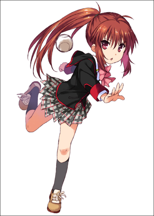 :o baseball black_legwear border bow brown_hair chestnut_mouth kneehighs leg_up little_busters! long_hair looking_at_viewer mizuki_makoto natsume_rin pink_bow pitching plaid plaid_skirt pleated_skirt red_eyes school_uniform shoes side_ponytail skirt sneakers solo standing standing_on_one_leg throwing