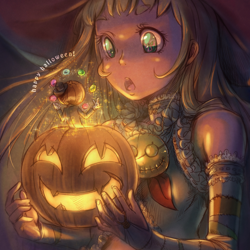 1girl :o bad_id bad_pixiv_id bare_shoulders breasts bridal_gauntlets detached_sleeves elbow_gloves frills gloves glowing green_eyes halloween happy_halloween hat holding jack-o'-lantern long_hair nukomasu open_mouth original small_breasts solo sparkle stitches