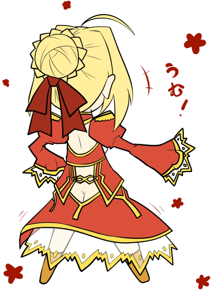 back_cutout blonde_hair butt_crack chibi dress fate/extra fate_(series) from_behind nero_claudius_(fate) nero_claudius_(fate)_(all) red-eyes_macadamiachoco short_hair simple_background solo white_background
