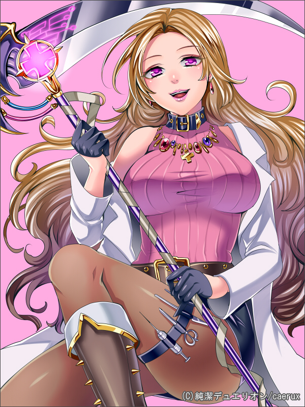 bad_id bad_pixiv_id bare_shoulders belt blonde_hair breasts copyright_name earrings jewelry junketsu_duelion labcoat large_breasts long_hair matsurika_youko official_art pantyhose pencil_skirt pink_eyes ribbed_sweater rose_emmanuel scythe skirt sleeveless smile solo sweater translated