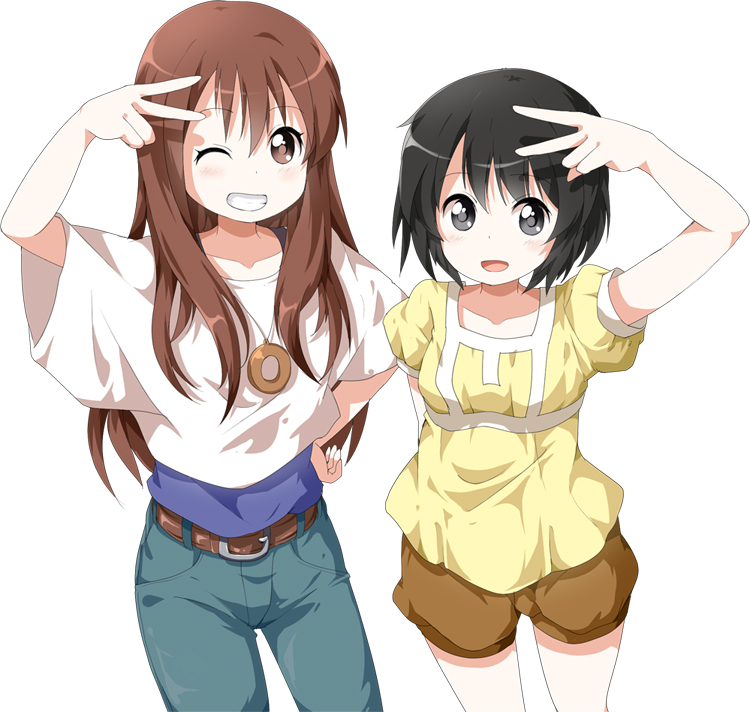 black_eyes black_hair brown_eyes brown_hair copyright_request grin hand_on_hip long_hair looking_at_viewer multiple_girls one_eye_closed open_mouth pants ruu_(tksymkw) short_hair shorts simple_background smile v white_background