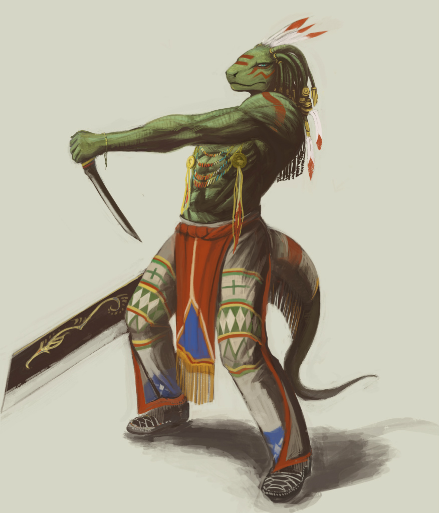 abs anthro biceps bodypaint dagger face_paint feathers fighting_stance green_skin lizard loincloth looking_at_viewer male muscles native_american necklace pecs pose radicalizm-e reptile scales scalie solo standing sword topless tribal weapon