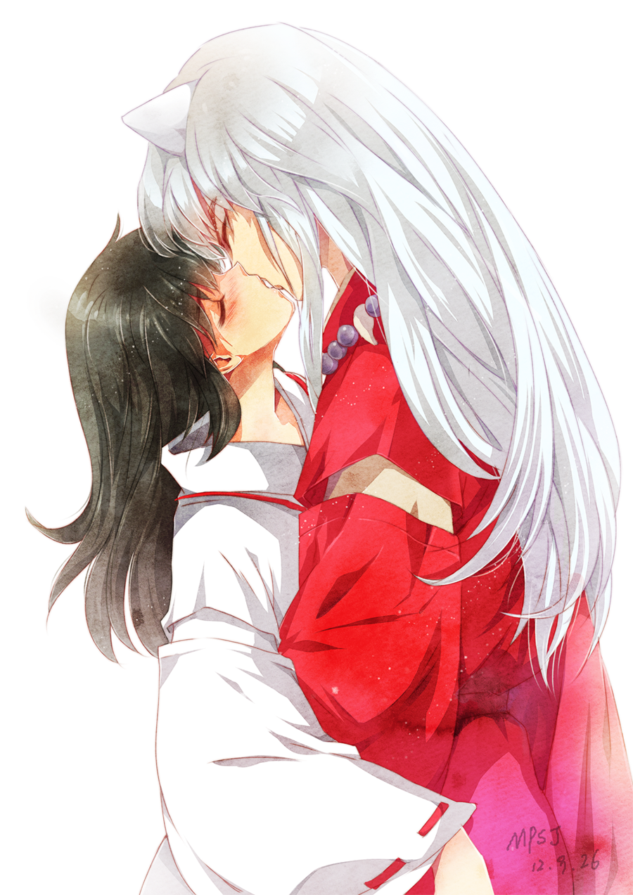 1girl animal_ears black_hair blush closed_eyes couple dated dog_ears from_side hetero highres higurashi_kagome inuyasha inuyasha_(character) japanese_clothes jewelry kiss long_hair miko muriko necklace open_mouth pearl signature silver_hair white_background