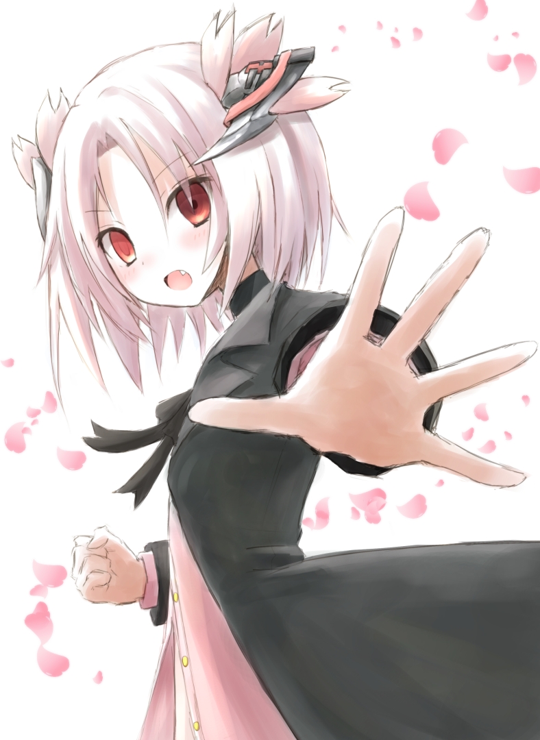 bad_id bad_pixiv_id borrowed_character buran_(kure) horns looking_at_viewer original ouka_september petals pink_hair red_eyes short_hair simple_background solo white_background