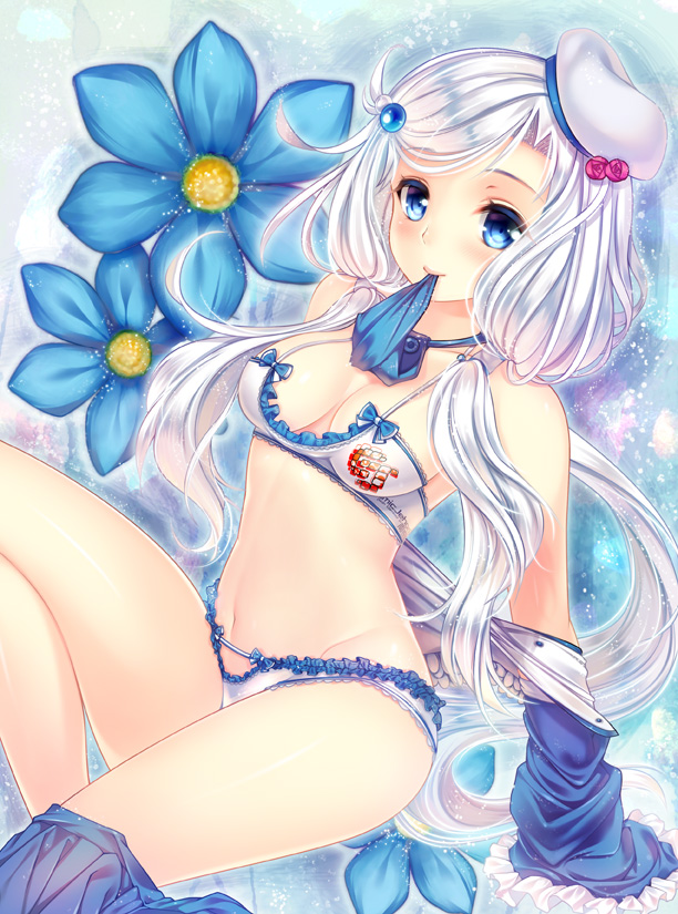 bangs bikini blue_eyes blush breasts flower groin hat long_hair medium_breasts mouth_hold navel original silver_hair sitting solo swimsuit twintails youqiniang