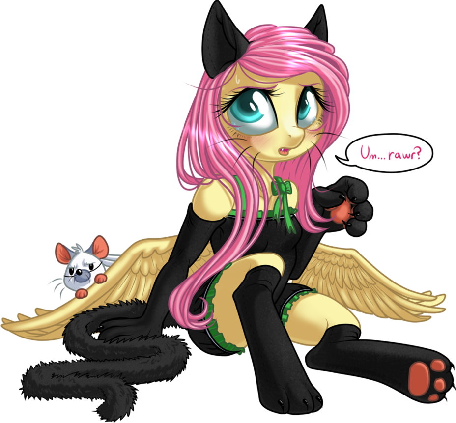 2012 alpha_channel animal_ears anthrofied blue_eyes blush clothing english_text equine female fluttershy_(mlp) friendship_is_magic hair horse kittehkatbar looking_at_viewer mouse my_little_pony pegasus pink_hair plain_background pony rodent transparent_background wings