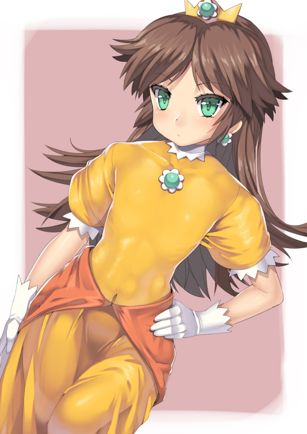 abs androgynous blush brooch brown_hair covered_navel dress earrings flat_chest gloves green_eyes hand_on_hip jewelry long_hair mario_(series) nagase_haruhito princess_daisy simple_background skin_tight solo super_mario_bros. tiara toned two-tone_background white_gloves yellow_dress