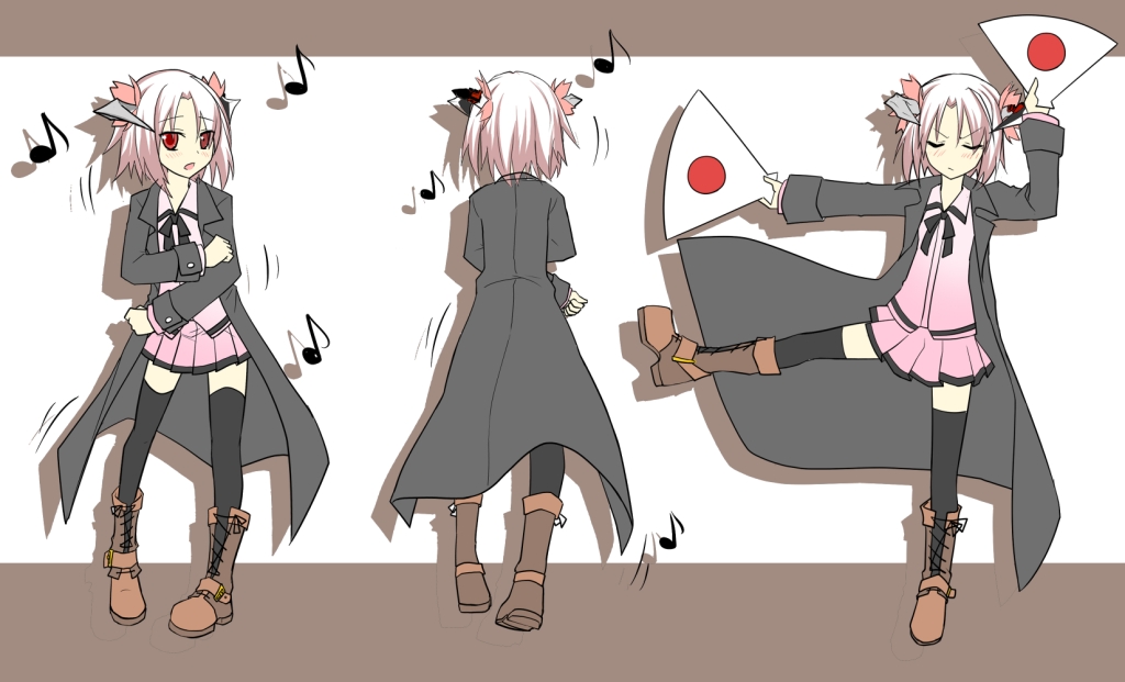 blush boots dancing fan from_behind frown horns multiple_persona multiple_views musical_note original ouka_september pink_hair red-eyes_macadamiachoco red_eyes short_hair skirt thighhighs trench_coat turnaround