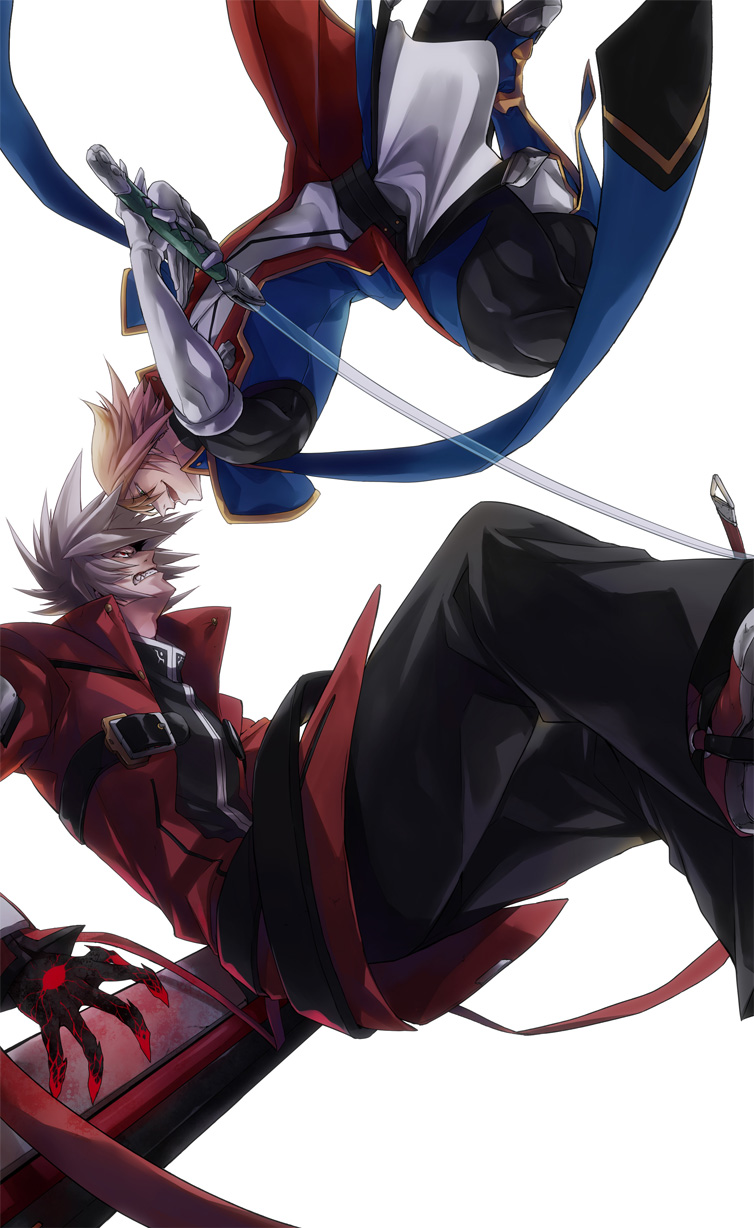 battle belt black_pants blazblue blonde_hair brothers clenched_teeth coat devoured_by_darkness duel eye_contact fang green_eyes highres jin_kisaragi kaneaki_mukku looking_at_another male_focus multiple_boys pants ragna_the_bloodedge red_eyes shoes siblings smile spiked_hair sword teeth weapon white_background white_hair yukianesa