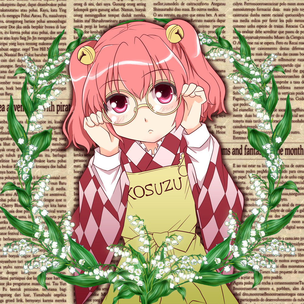 :&lt; adjusting_eyewear apron bell blush character_name checkered clothes_writing english flower glasses hair_bell hair_ornament jingle_bell kairakuen_umenoka lily_of_the_valley long_sleeves looking_at_viewer motoori_kosuzu pink_eyes pink_hair short_hair solo text_focus touhou two_side_up wide_sleeves
