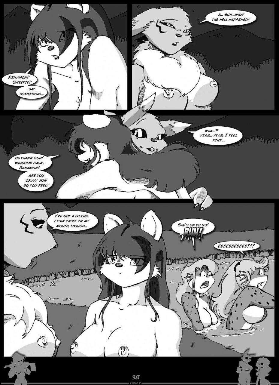 anthro big_breasts breasts canine cat chest_tuft comic curvaceous dialog dialogue digimon english_text feline female fox fur hanging_breasts jenny legend_of_jenny_and_renamon mammal monochrome navel nipples nude renamon text tuft voluptuous yawg