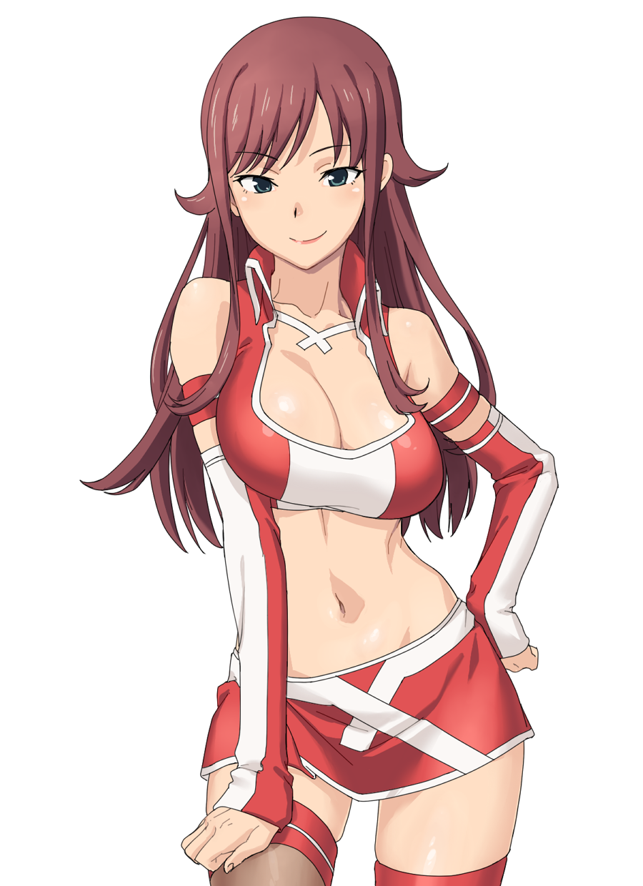 akana_rui blue_eyes breasts chousoku_henkei_gyrozetter cleavage crop_top detached_sleeves hand_on_hip highres large_breasts long_hair looking_at_viewer midriff navel race_queen red_hair shiny shiny_skin simple_background skindentation skirt smile solo tenchisouha white_background