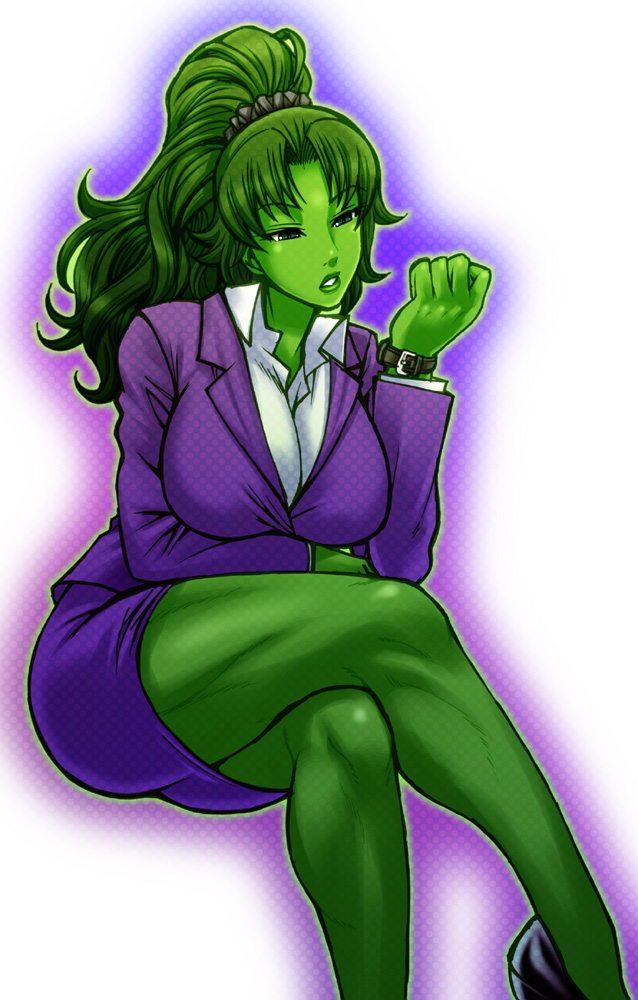 breasts chiba_toshirou crossed_legs formal green_eyes green_hair green_skin high_ponytail jennifer_walters large_breasts legs long_hair long_legs marvel muscle ponytail she-hulk sitting solo thick_thighs thighs watch
