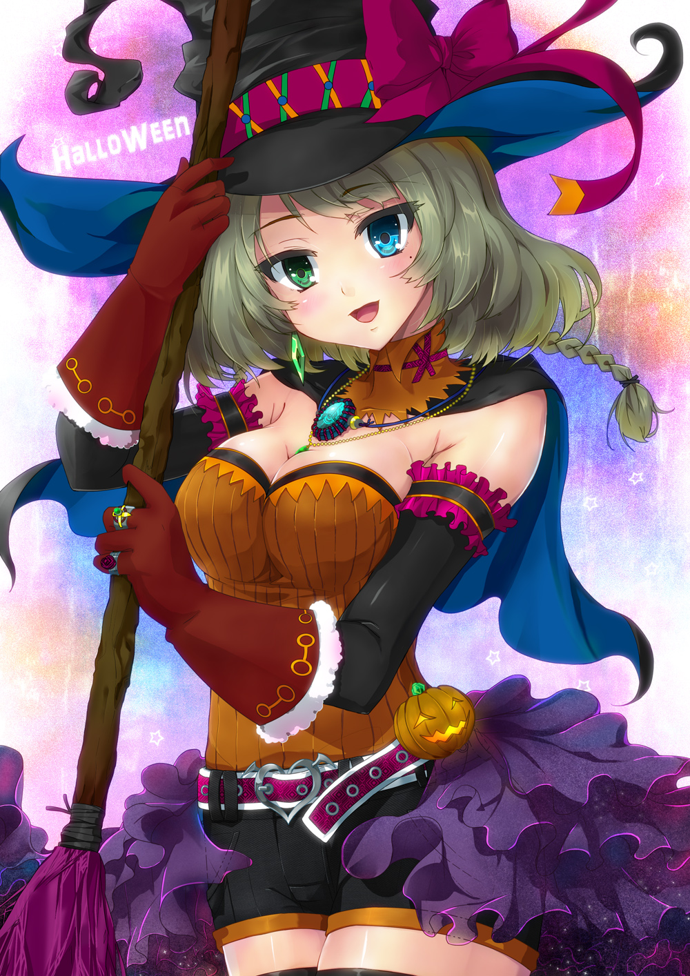 belt between_breasts black_legwear blue_eyes breasts broom capelet cleavage dontokoi gloves green_eyes grey_hair halloween hat heterochromia highres idolmaster idolmaster_cinderella_girls jewelry large_breasts mole mole_under_eye necklace open_mouth ring shorts smile solo takagaki_kaede thighhighs witch_hat