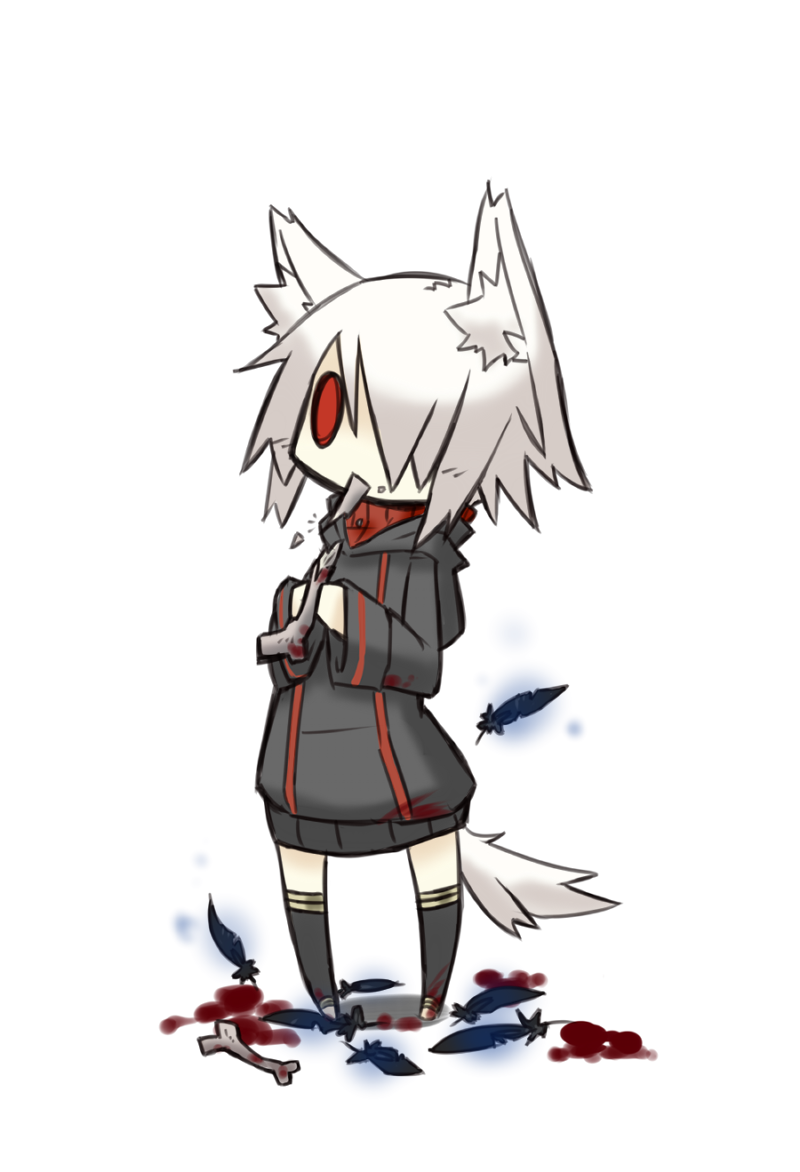 animal_ears bad_id bad_pixiv_id blood bone eating feathers kazana_(sakuto) original red_eyes saku_(kazana) simple_background solo tail white_background wolf_ears wolf_tail