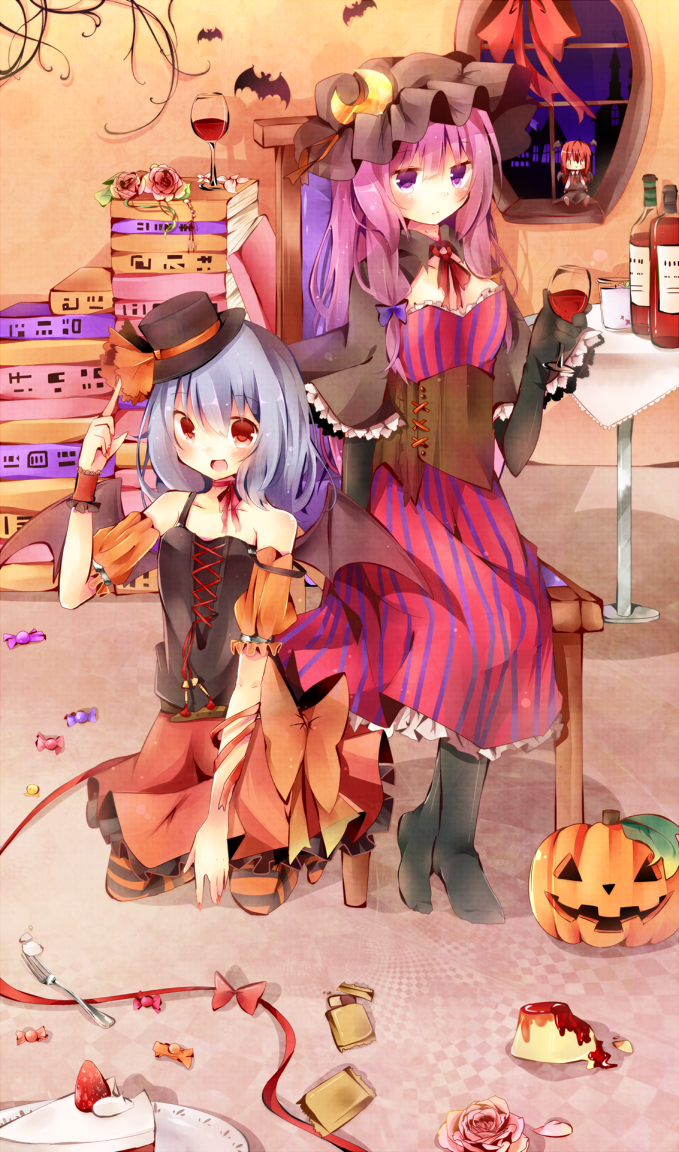 :d alternate_costume bad_id bad_pixiv_id bare_shoulders bat_wings blue_hair blush book bottle cake chair character_doll crescent cup detached_sleeves doll dress drinking_glass food fork halloween hat hat_ribbon holding jack-o'-lantern koakuma long_hair looking_at_viewer multiple_girls open_mouth pantyhose patchouli_knowledge pudding purple_eyes purple_hair red_eyes remilia_scarlet ribbon sitting slice_of_cake smile striped striped_dress table tamagogayu1998 touhou window wine_glass wings wrist_cuffs |_|