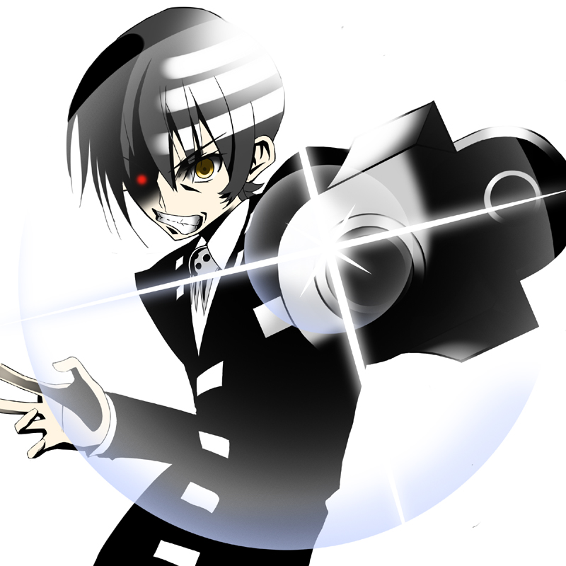 bad_id bad_pixiv_id black_hair death_the_kid gogochi gun male_focus red_eyes solo soul_eater spot_color weapon
