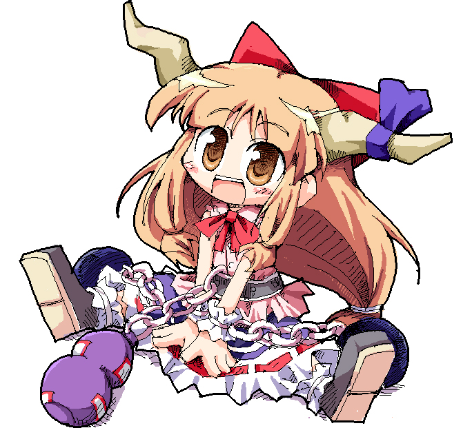 :d bad_id bad_pixiv_id blonde_hair bottle bow bowtie brown_eyes chain full_body hair_bow herada_mitsuru horn_ornament horns ibuki_suika long_hair low-tied_long_hair open_mouth red_bow red_neckwear simple_background sitting smile solo spread_legs touhou very_long_hair white_background