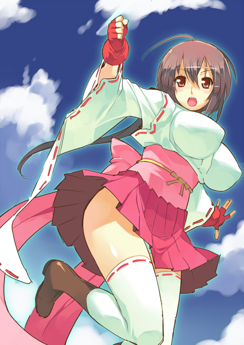 :o ahoge ankle_boots blue_sky boots breasts brown_footwear brown_hair cloud day fingerless_gloves gloves hakama hakama_skirt japanese_clothes kimono large_breasts looking_at_viewer miko musubi open_mouth pleated_skirt red_hakama red_skirt ribbon-trimmed_legwear ribbon_trim ryuuta_(msxtr) sekirei short_hair skirt sky solo thighhighs zettai_ryouiki