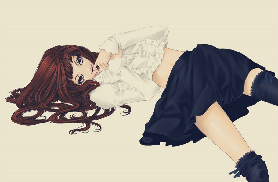 bangs black_legwear black_skirt brown_hair finger_to_mouth frilled_shirt frills grin kunishige_keiichi lace lace-trimmed_thighhighs lipstick long_hair long_sleeves looking_at_viewer loose_thighhigh lying makeup midriff navel non-web_source original red_eyes red_hair shirt simple_background skirt smile solo thighhighs white_shirt zettai_ryouiki