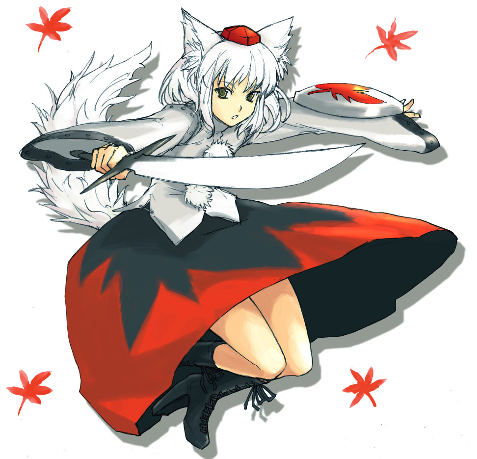 animal_ears hat inubashiri_momiji leaf shield short_hair solo sword tail tetsu_(kimuchi) tokin_hat touhou weapon white_hair wolf_ears wolf_tail