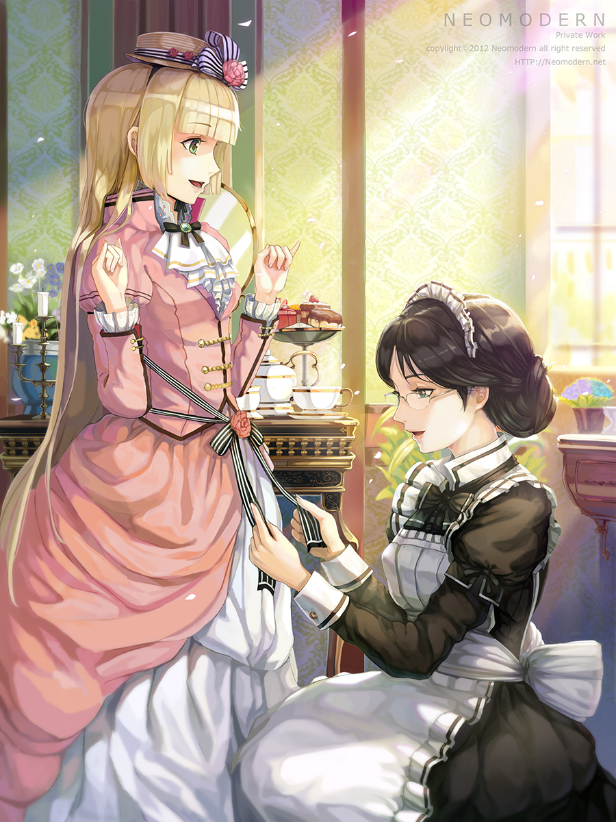 :d adjusting_clothes bad_id bad_pixiv_id black_eyes black_hair blonde_hair cake candle cup dress dressing_another flower food glasses green_eyes hat hat_ribbon highres holding hwansang long_hair maid maid_headdress mirror multiple_girls open_mouth original plant potted_plant ribbon smile sunlight teacup vase victorian victorian_maid