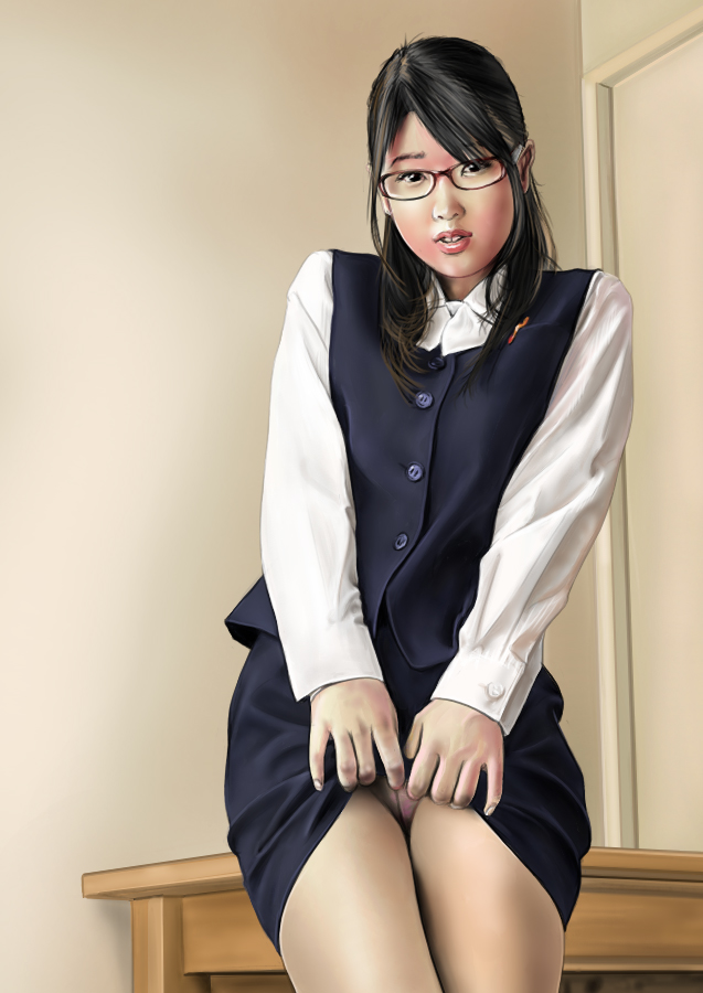 1girl asian belted belted_dress brown_hair clasped_dress constrained_dress cramped_dress dacchan desk girded_dress glasses jammed_dress office_lady pantyhose photorealistic pinched_dress pressed_dress realistic ribboned_dress slinky_dress snug_dress solo tight_dress