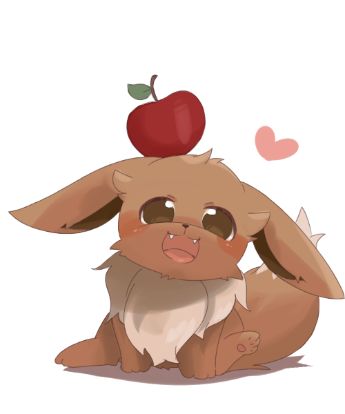 ambiguous_gender apple balancing black_nose blush brown_eyes bun_(artist) chest_tuft cute ears_down eevee fruit fur head_tilted hindpaw looking_at_viewer multicolor_fur nintendo one_leg_up open_mouth paws pink_heart plain_background pok&#233;mon pok&eacute;mon red_apple red_tongue shadow sitting solo teeth tongue tuft two_tone_fur video_games white_background
